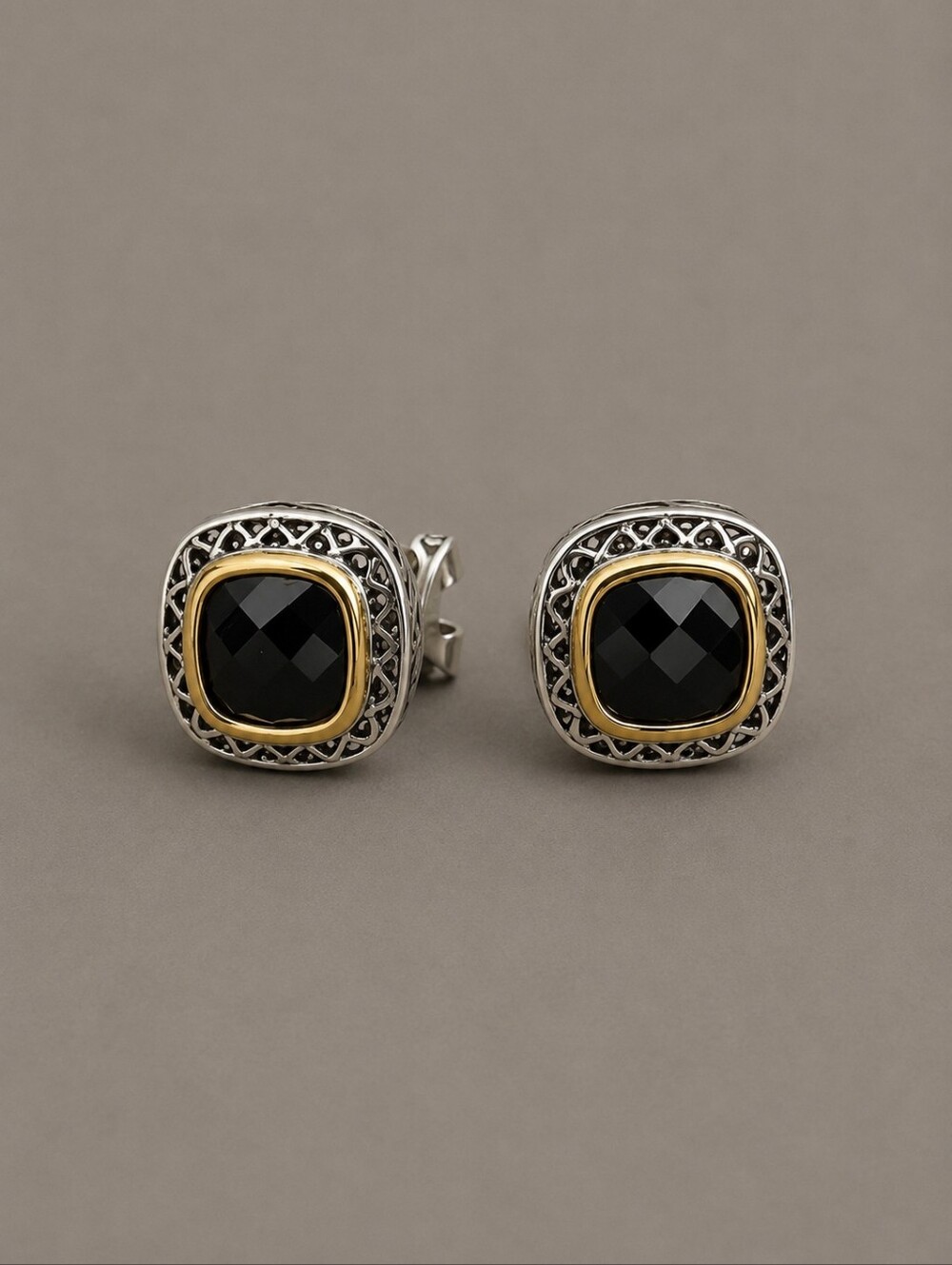 Jankuo 1990s Black Onyx Cubic Zirconia Two Tone Square Cushion Omega Earrings